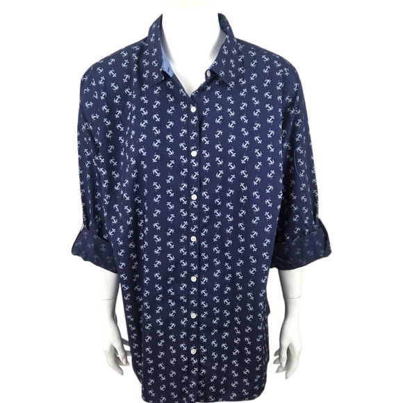 Talbots Button Up Collared Shirt NEW Womens 18W Navy Blue Anchors Sailor - Picture 1 of 11